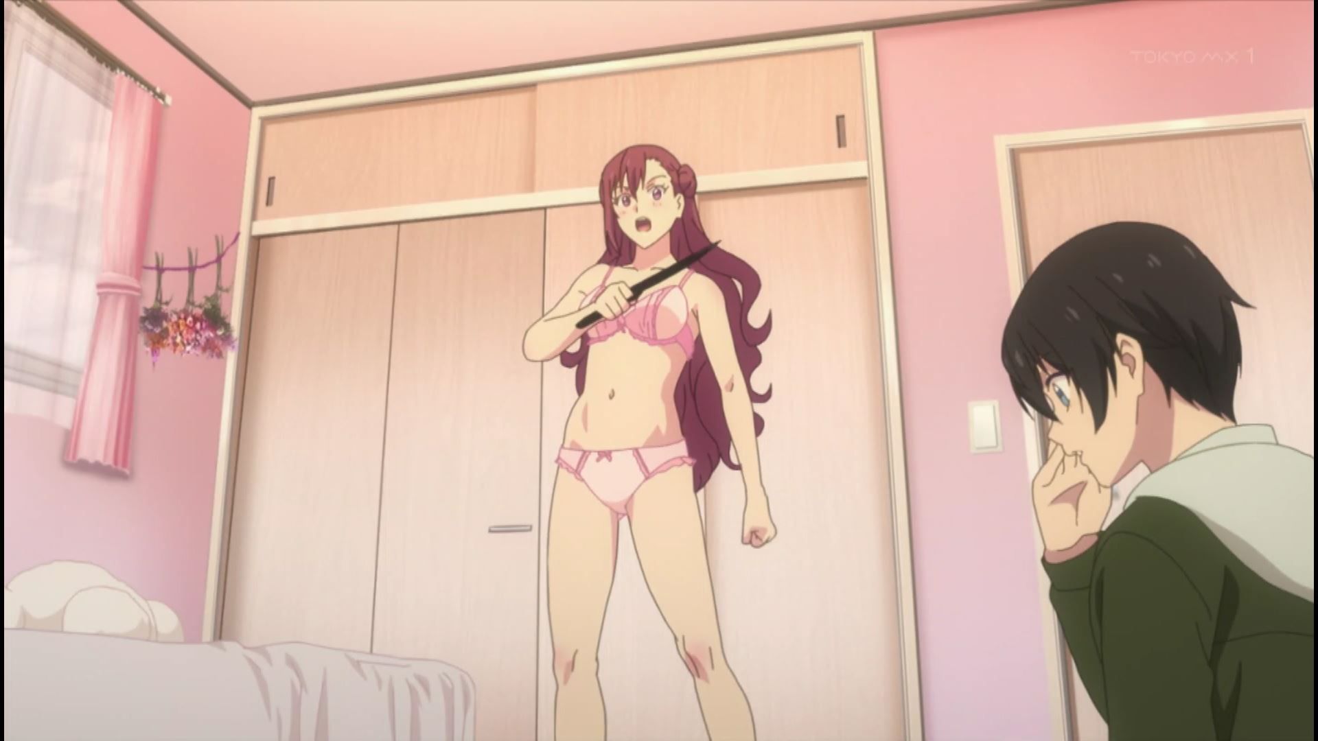 In the first episode of the anime "Shinobi no Temporary", the scene just before Echi being pushed down by a creepy girl in underwear! 18