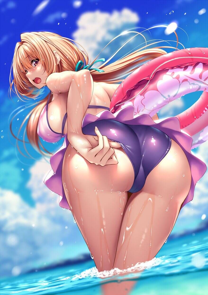 Erotic image of a girl fixing a swimsuit with her fingers that has been bitten into her buttocks or 12