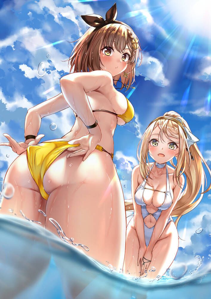 Erotic image of a girl fixing a swimsuit with her fingers that has been bitten into her buttocks or 13