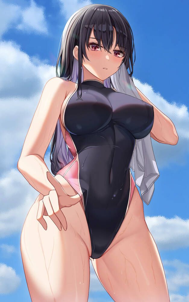 Erotic image of a girl fixing a swimsuit with her fingers that has been bitten into her buttocks or 19