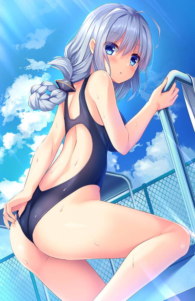 Erotic image of a girl fixing a swimsuit with her fingers that has been bitten into her buttocks or 21