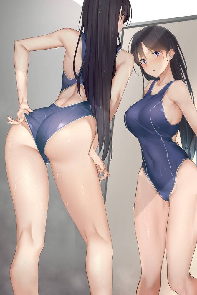 Erotic image of a girl fixing a swimsuit with her fingers that has been bitten into her buttocks or 24