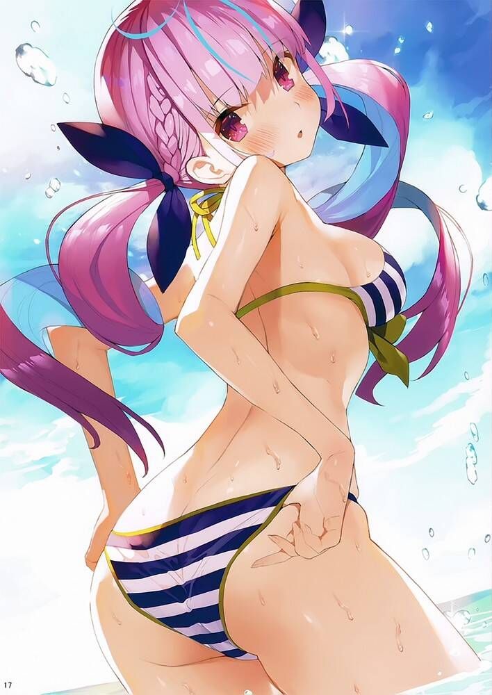 Erotic image of a girl fixing a swimsuit with her fingers that has been bitten into her buttocks or 7