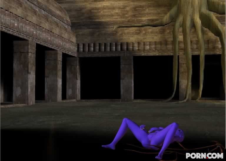 Purple skinned bat babe showing her naked body outside 11