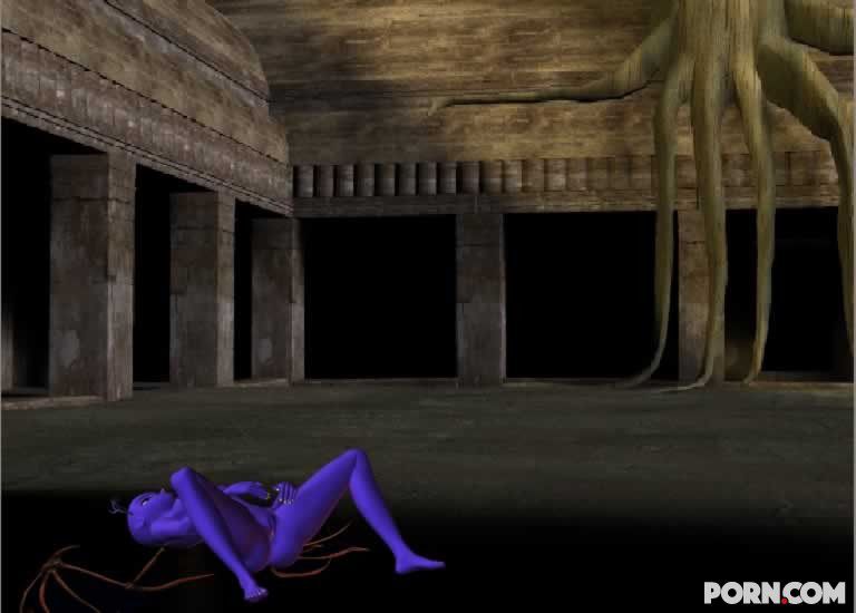 Purple skinned bat babe showing her naked body outside 12