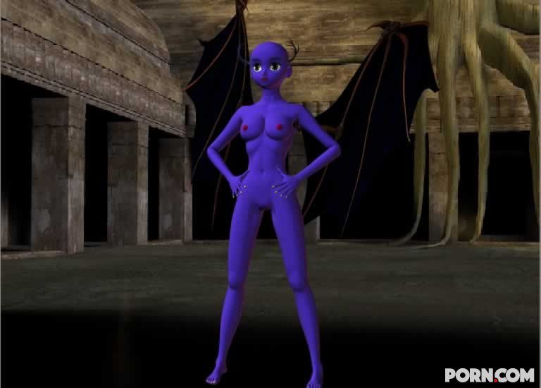 Purple skinned bat babe showing her naked body outside 13