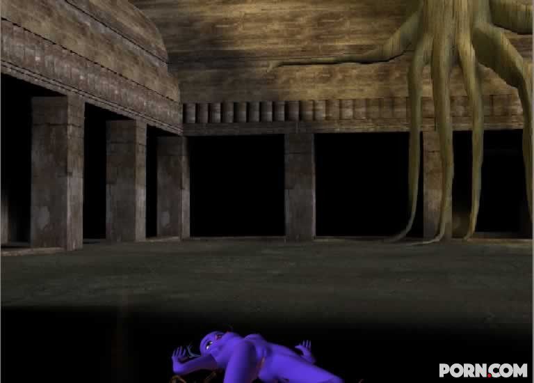 Purple skinned bat babe showing her naked body outside 15