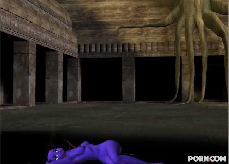 Purple skinned bat babe showing her naked body outside 16