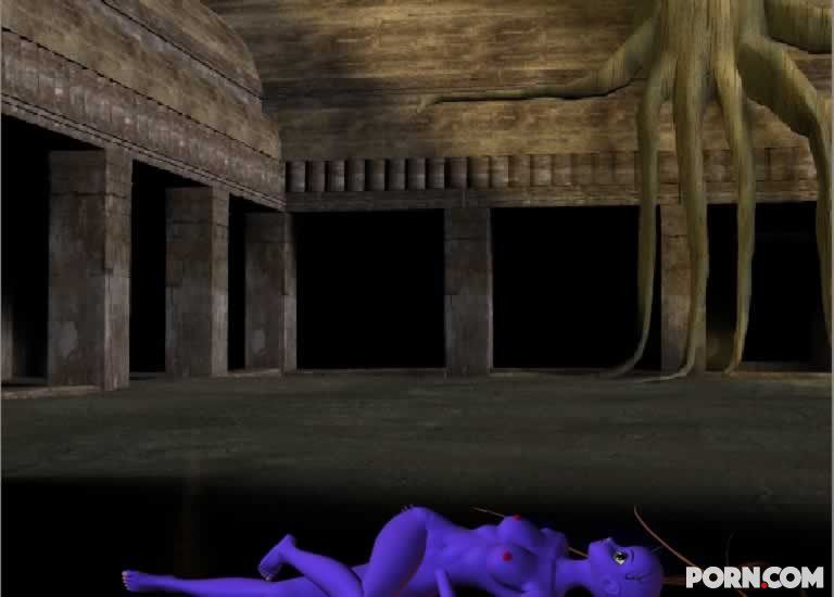 Purple skinned bat babe showing her naked body outside 17