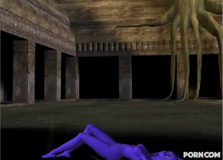 Purple skinned bat babe showing her naked body outside 18