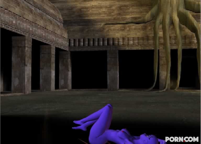 Purple skinned bat babe showing her naked body outside 19