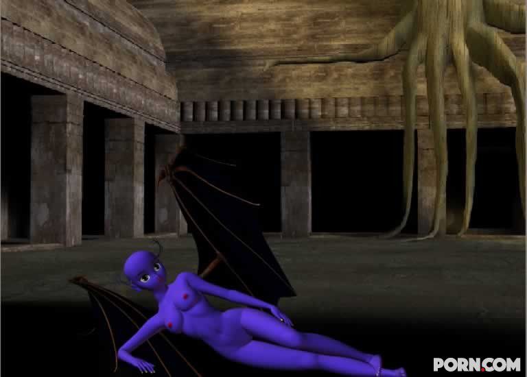 Purple skinned bat babe showing her naked body outside 2