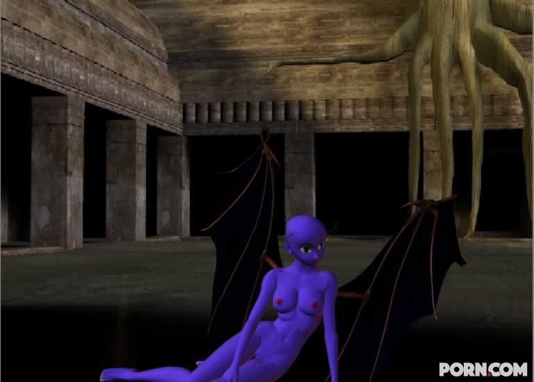 Purple skinned bat babe showing her naked body outside 21