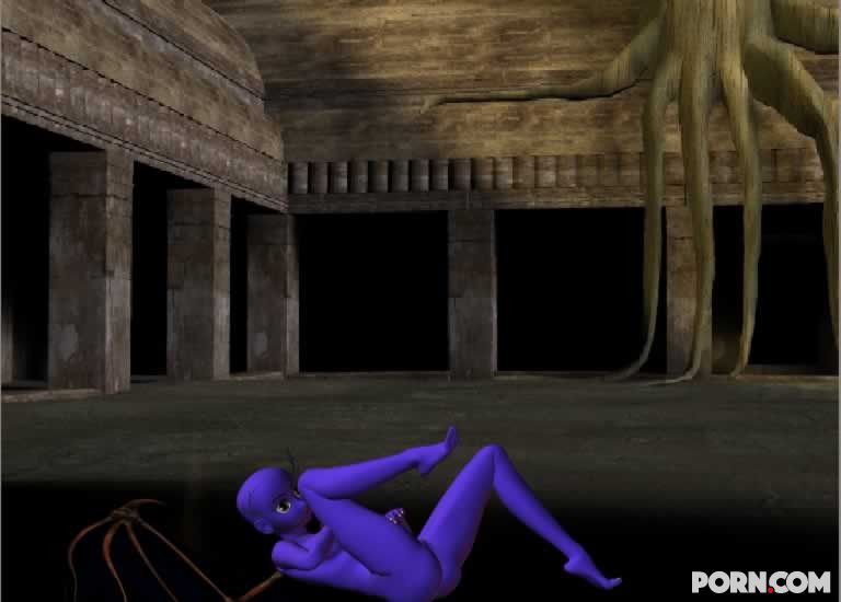 Purple skinned bat babe showing her naked body outside 23