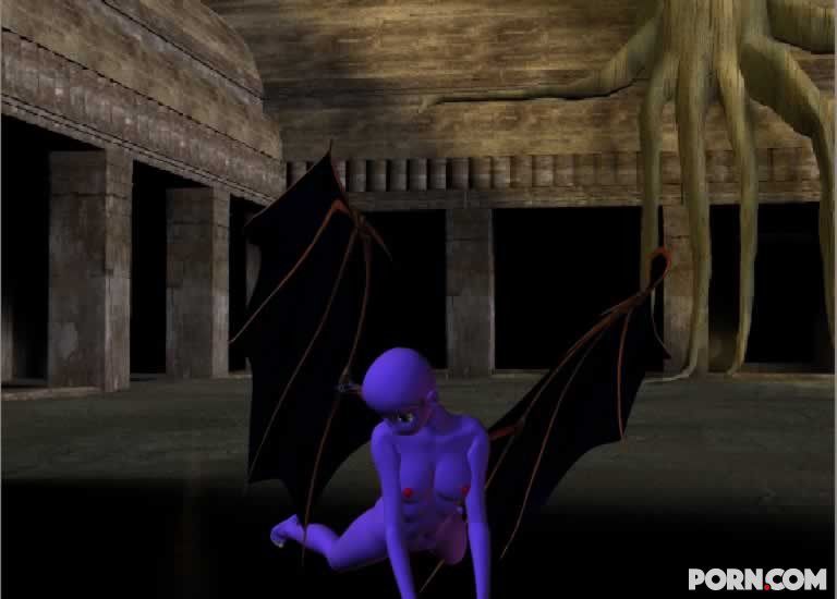 Purple skinned bat babe showing her naked body outside 25