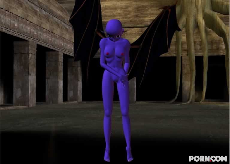 Purple skinned bat babe showing her naked body outside 26