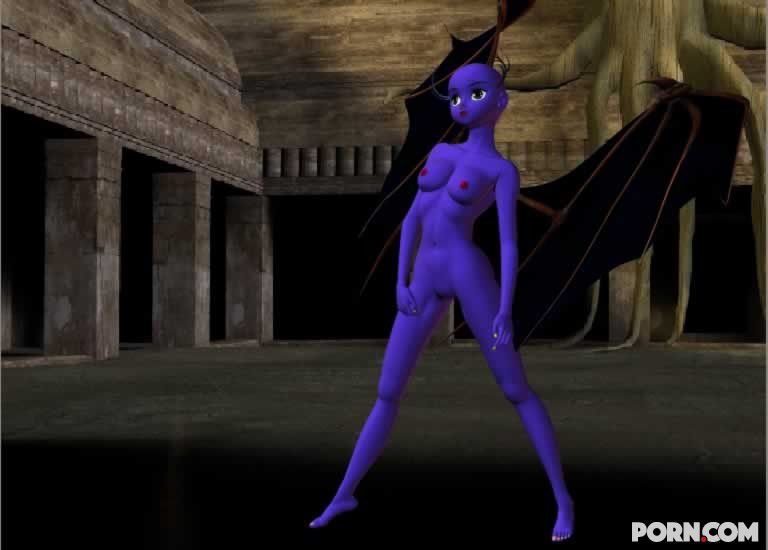 Purple skinned bat babe showing her naked body outside 4