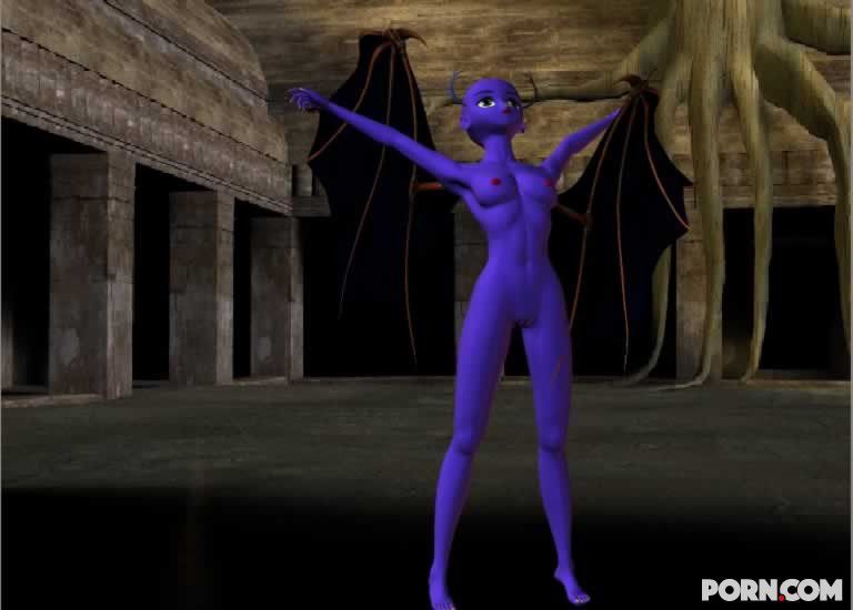 Purple skinned bat babe showing her naked body outside 5