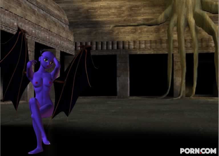 Purple skinned bat babe showing her naked body outside 8