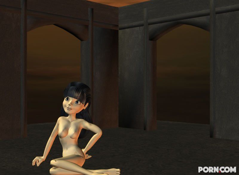 Sexy dark haired CGI girl posing nude in a scary castle 11