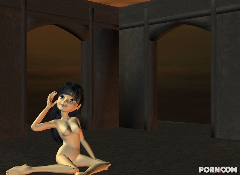 Sexy dark haired CGI girl posing nude in a scary castle 15