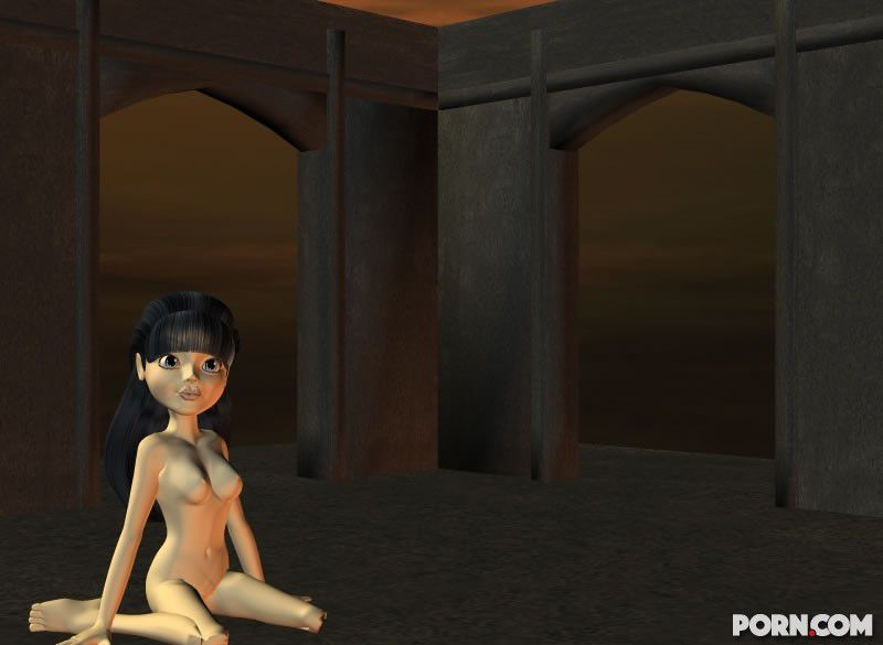 Sexy dark haired CGI girl posing nude in a scary castle 24