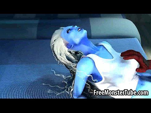 Blue skinned 3D babe gives Deadpool a blowjob - 3 min 12