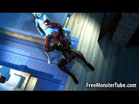 Blue skinned 3D babe gives Deadpool a blowjob - 3 min 15