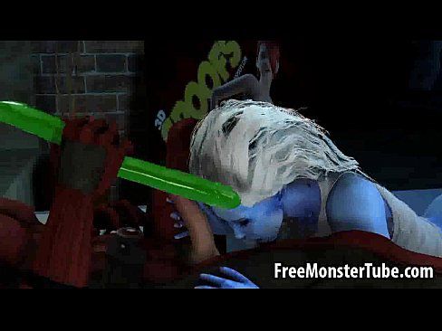 Blue skinned 3D babe gives Deadpool a blowjob - 3 min 24