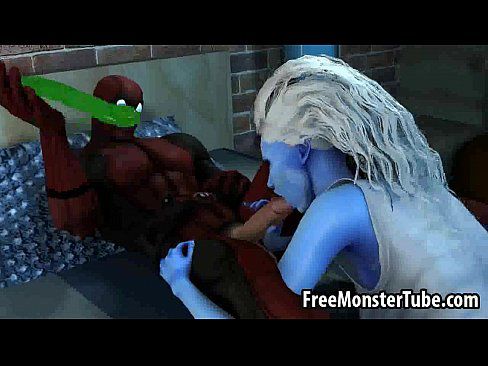 Blue skinned 3D babe gives Deadpool a blowjob - 3 min 30