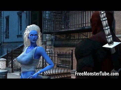 Blue skinned 3D babe gives Deadpool a blowjob - 3 min 4