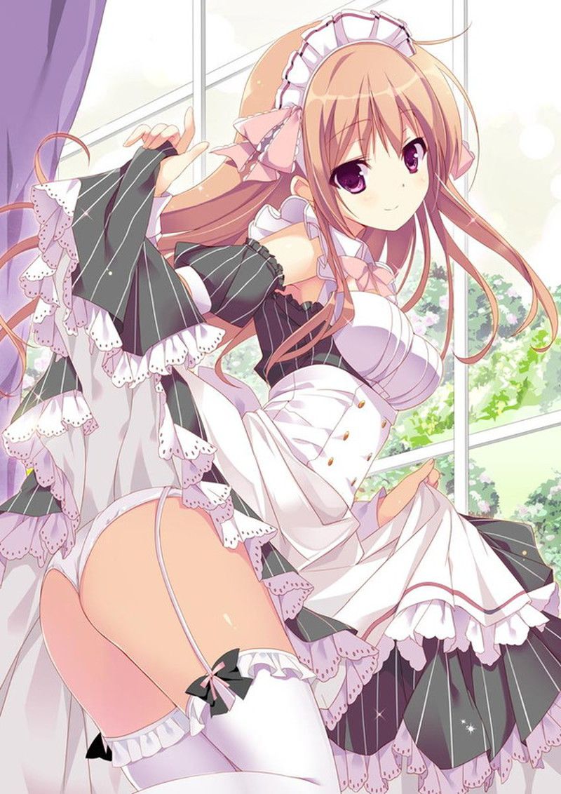 Please show the image which a maid tucks up a skirt, and shows underwear! 10