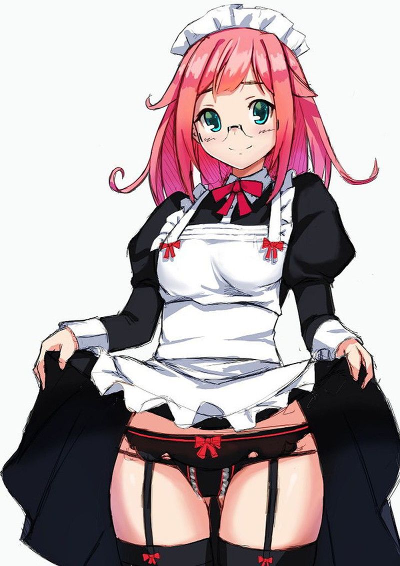 Please show the image which a maid tucks up a skirt, and shows underwear! 13