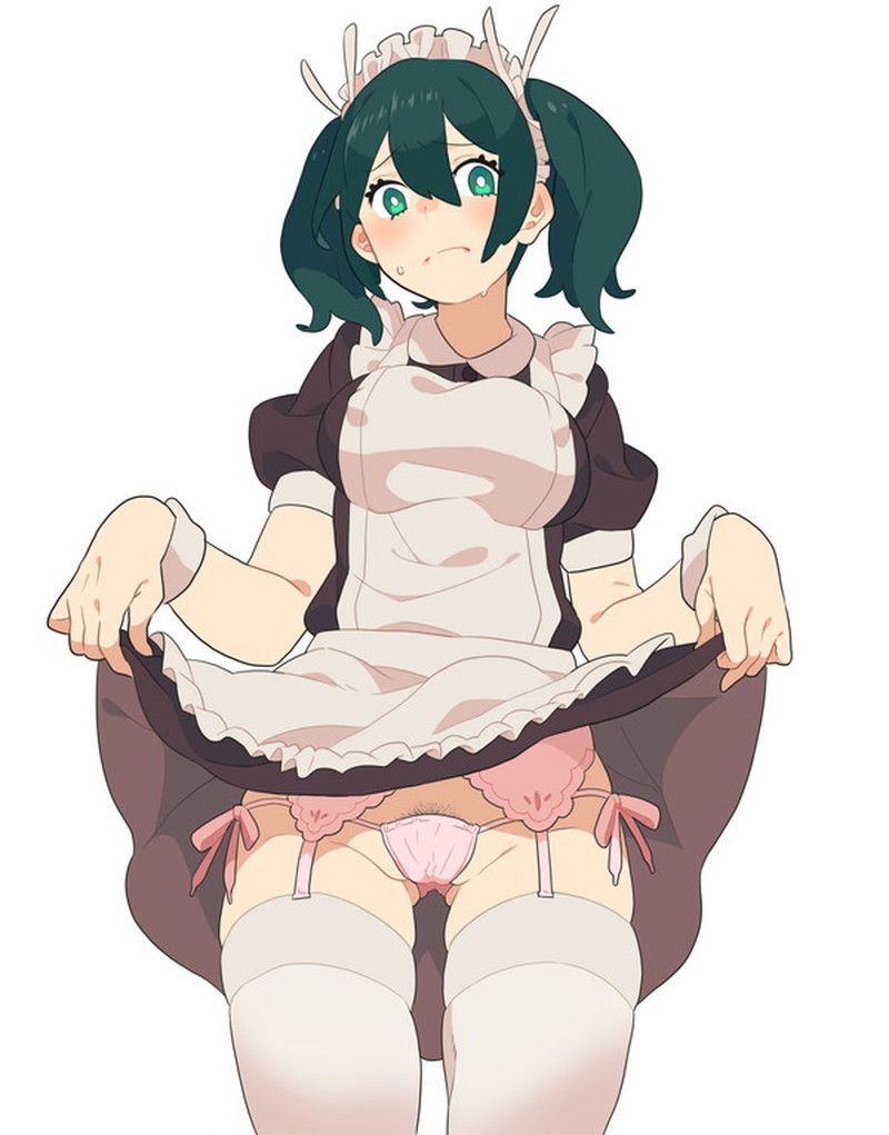 Please show the image which a maid tucks up a skirt, and shows underwear! 15