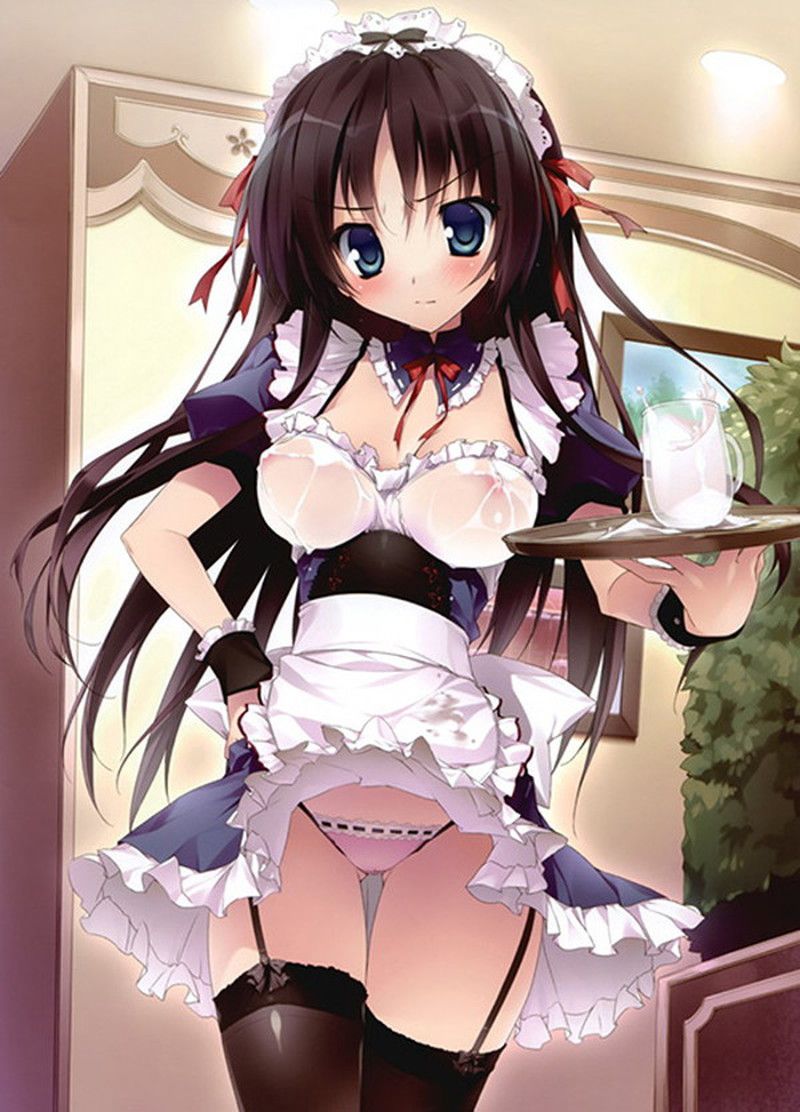 Please show the image which a maid tucks up a skirt, and shows underwear! 28