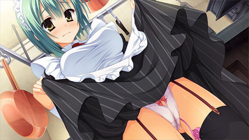 Please show the image which a maid tucks up a skirt, and shows underwear! 31