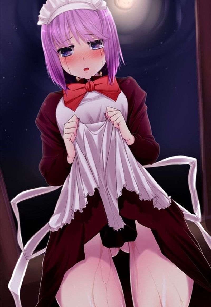 Please show the image which a maid tucks up a skirt, and shows underwear! 32