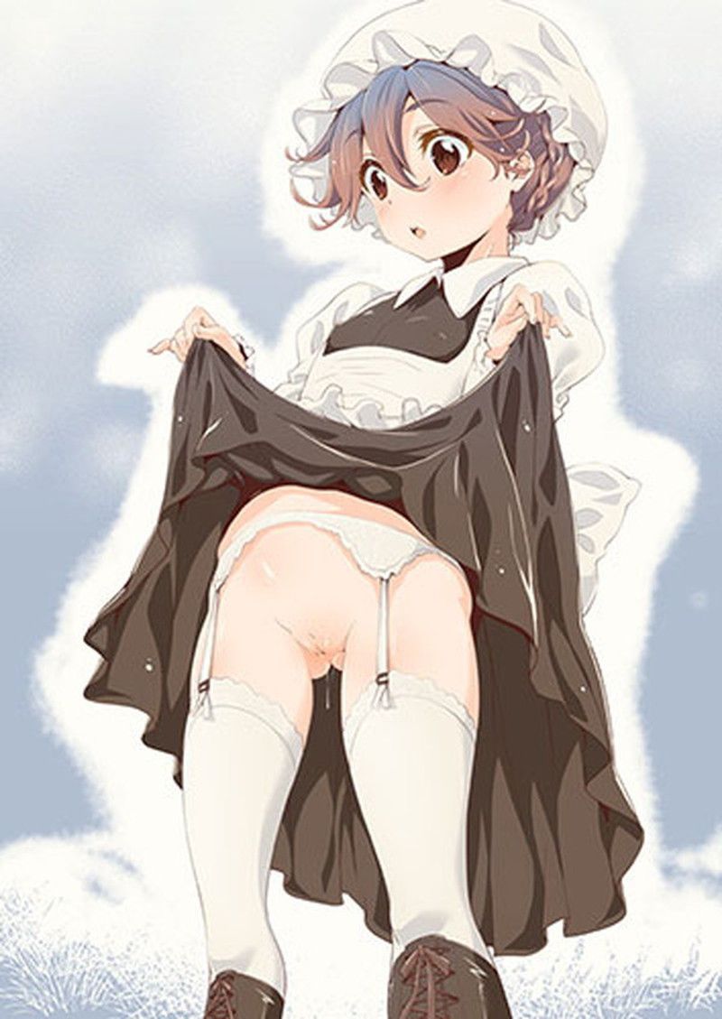 Please show the image which a maid tucks up a skirt, and shows underwear! 33